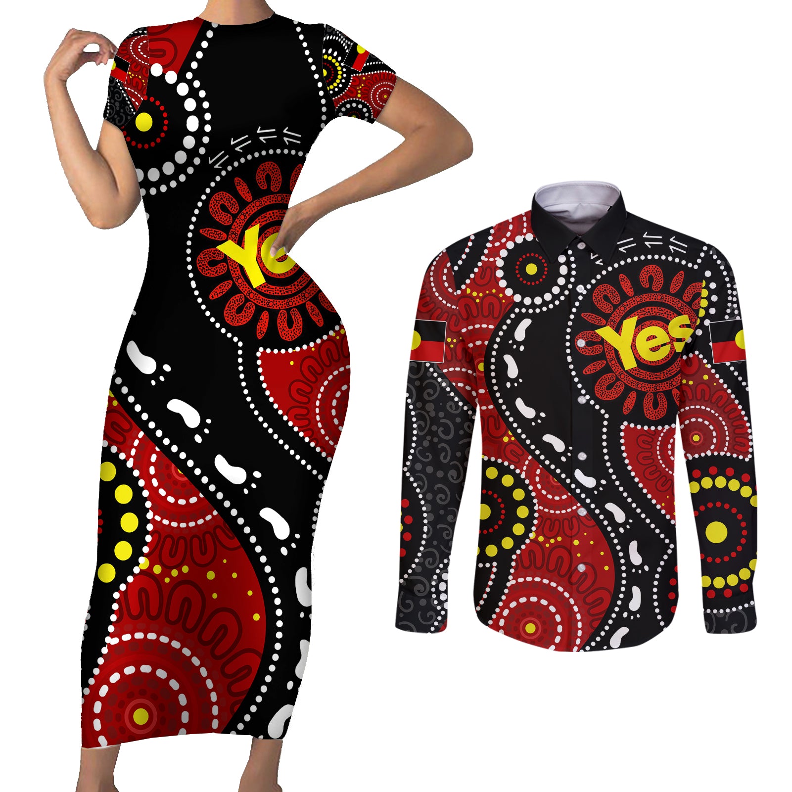 australia-indigenous-couples-matching-short-sleeve-bodycon-dress-and-long-sleeve-button-shirts-vote-yes-aboriginal-flag-color