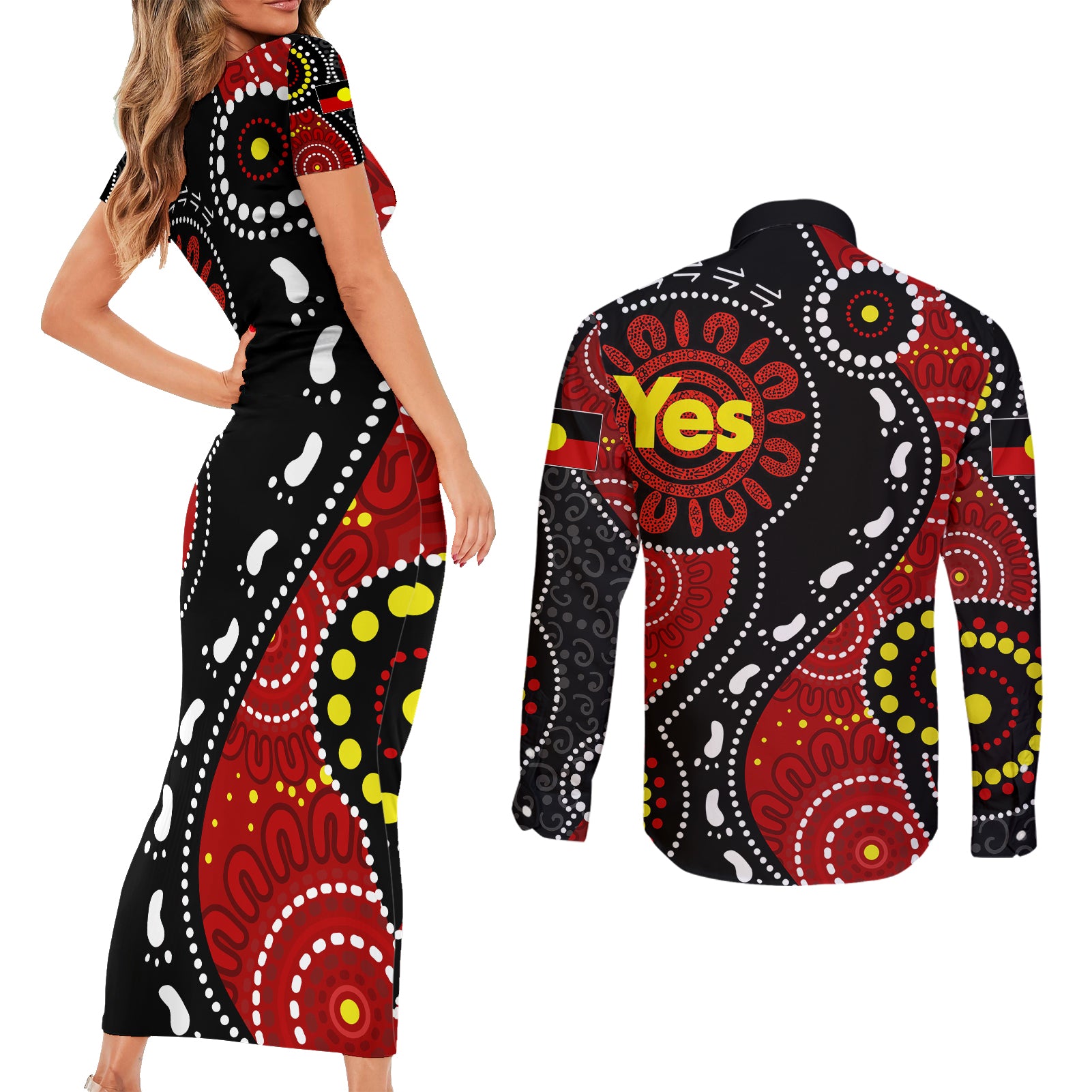 australia-indigenous-couples-matching-short-sleeve-bodycon-dress-and-long-sleeve-button-shirts-vote-yes-aboriginal-flag-color