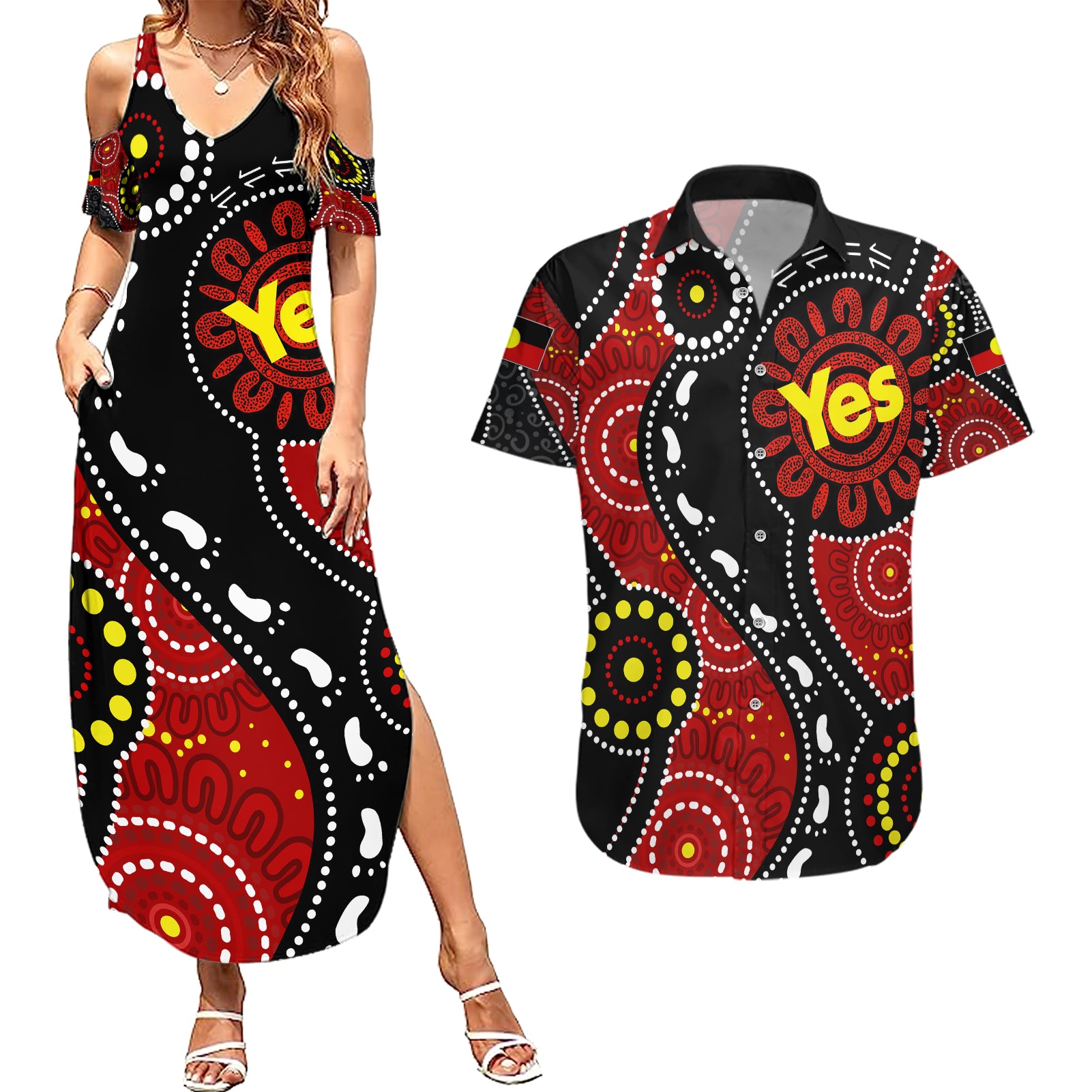 australia-indigenous-couples-matching-summer-maxi-dress-and-hawaiian-shirt-vote-yes-aboriginal-flag-color