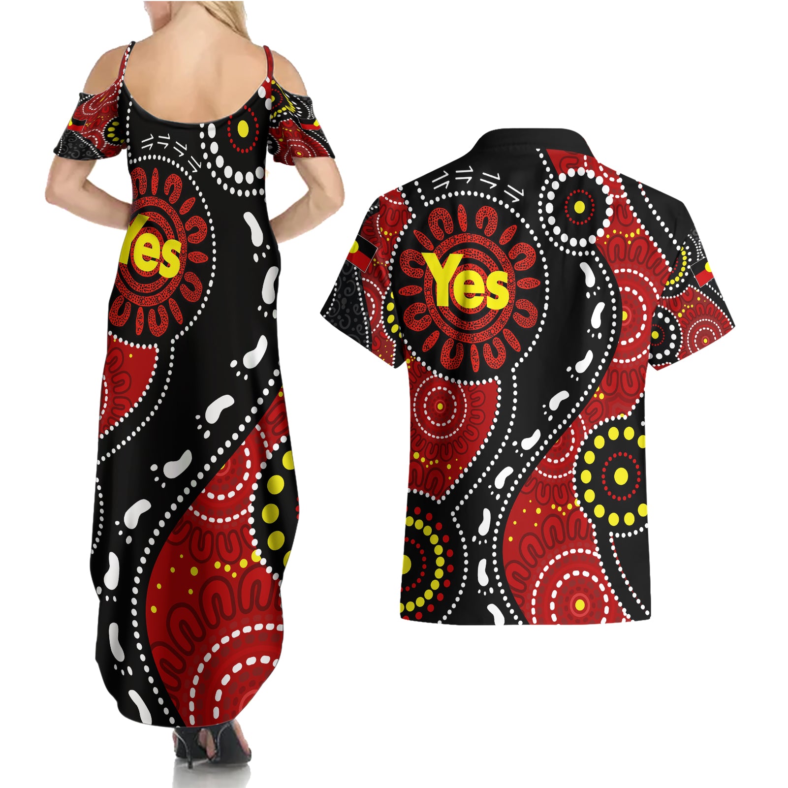 australia-indigenous-couples-matching-summer-maxi-dress-and-hawaiian-shirt-vote-yes-aboriginal-flag-color
