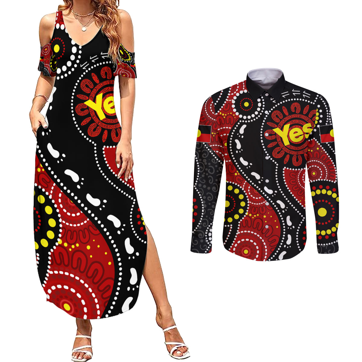 australia-indigenous-couples-matching-summer-maxi-dress-and-long-sleeve-button-shirts-vote-yes-aboriginal-flag-color