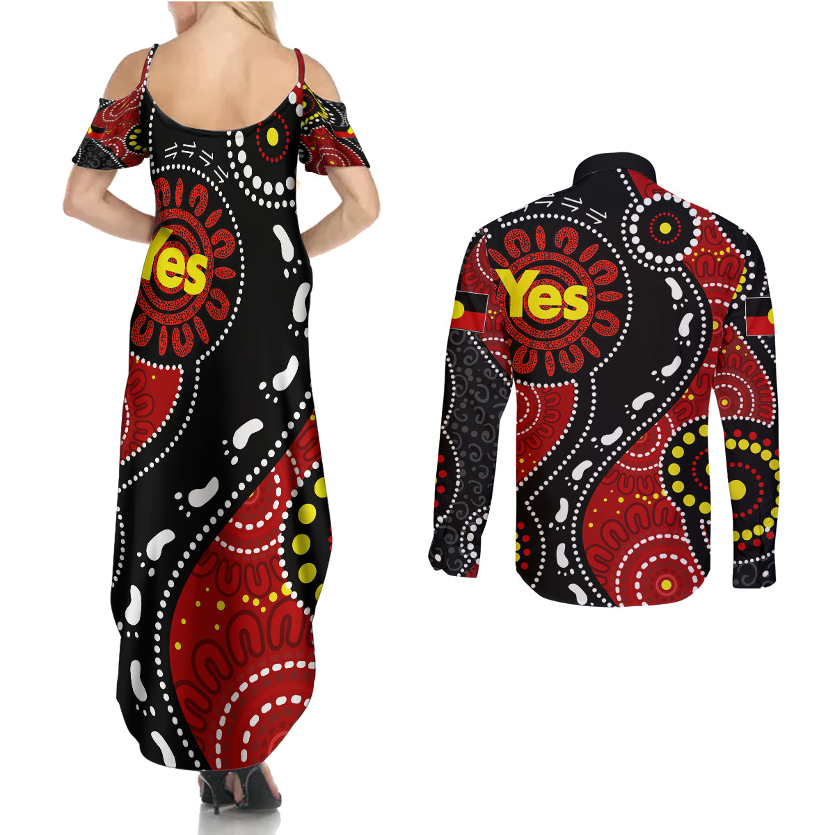 australia-indigenous-couples-matching-summer-maxi-dress-and-long-sleeve-button-shirts-vote-yes-aboriginal-flag-color