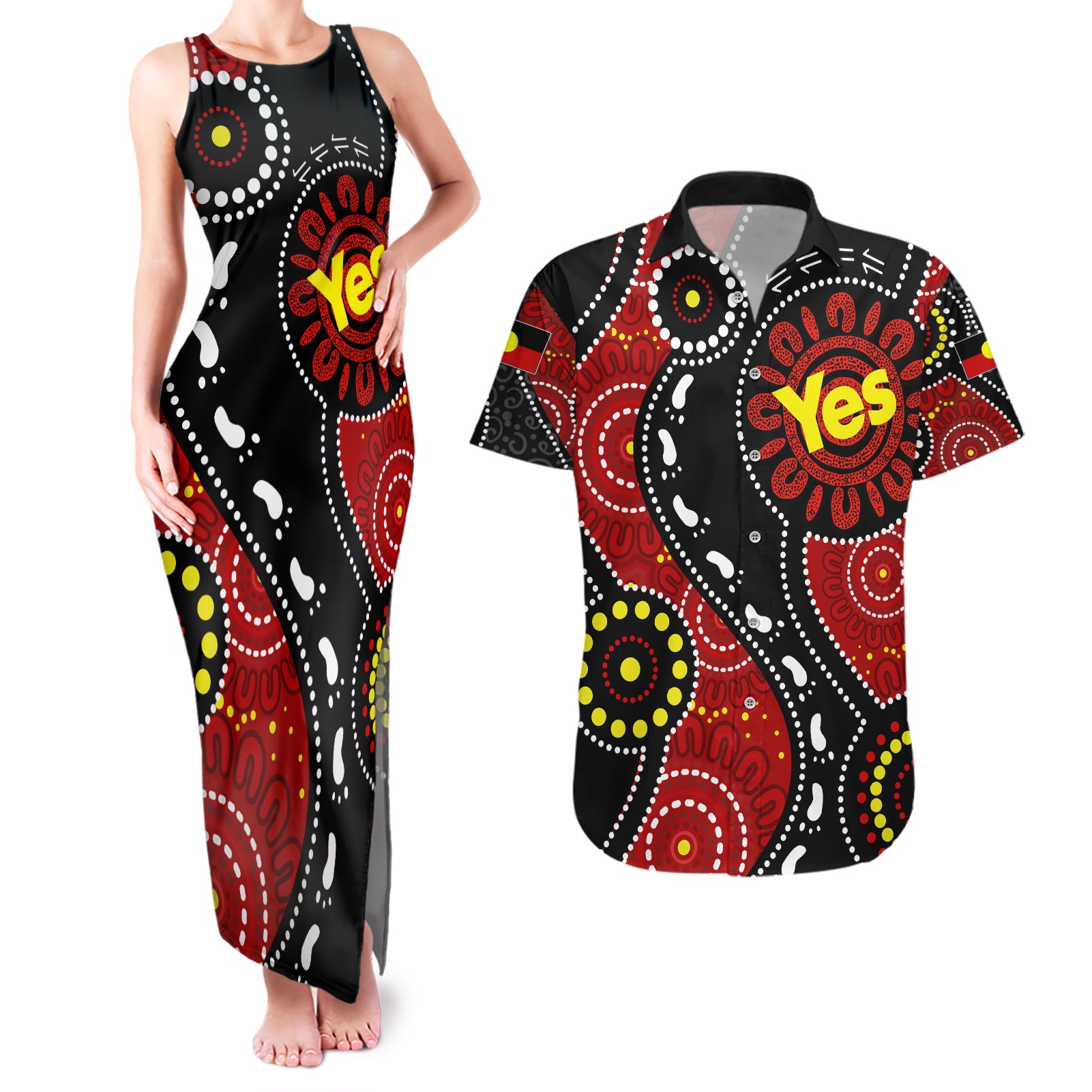 australia-indigenous-couples-matching-tank-maxi-dress-and-hawaiian-shirt-vote-yes-aboriginal-flag-color