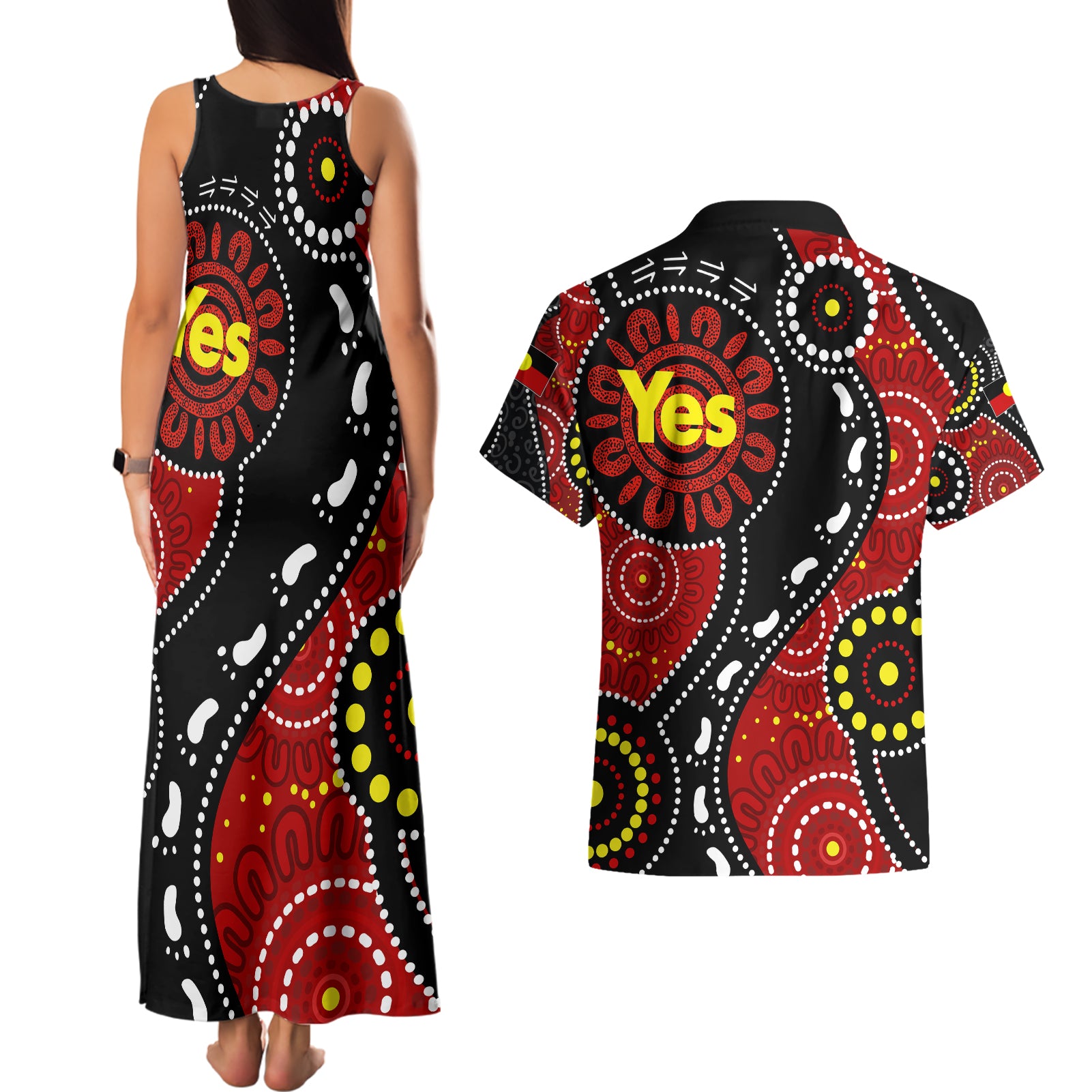 australia-indigenous-couples-matching-tank-maxi-dress-and-hawaiian-shirt-vote-yes-aboriginal-flag-color