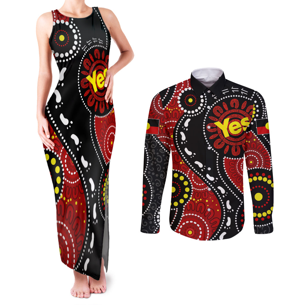australia-indigenous-couples-matching-tank-maxi-dress-and-long-sleeve-button-shirts-vote-yes-aboriginal-flag-color
