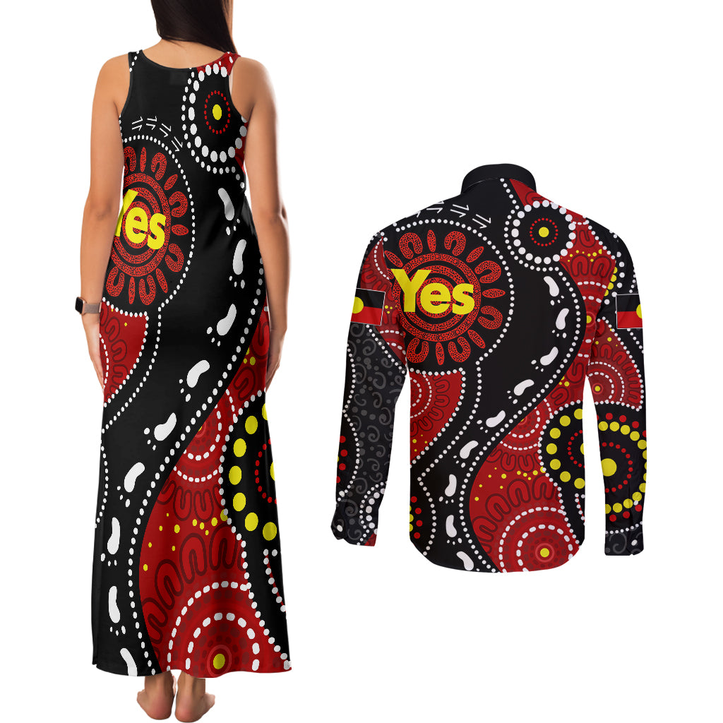australia-indigenous-couples-matching-tank-maxi-dress-and-long-sleeve-button-shirts-vote-yes-aboriginal-flag-color