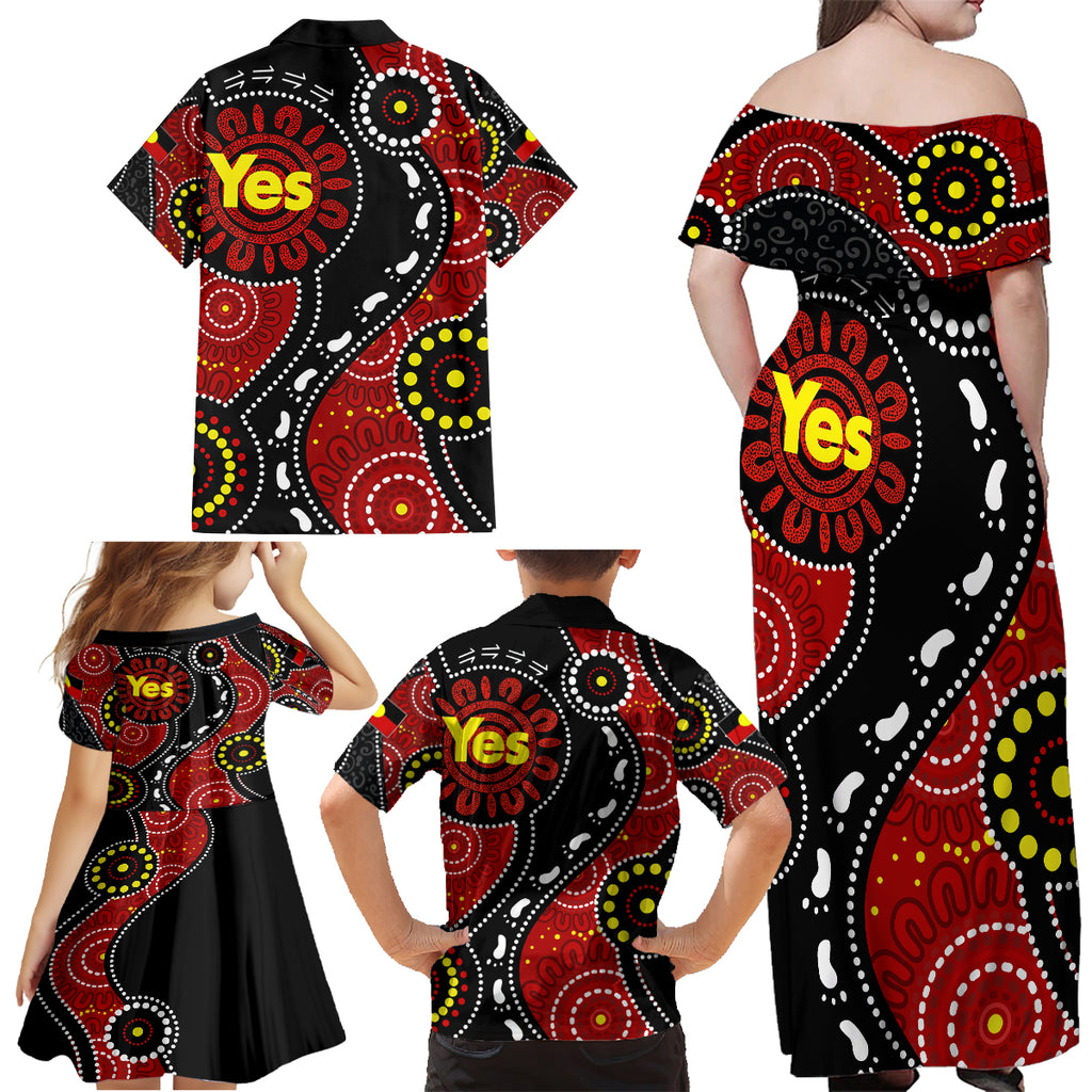australia-indigenous-family-matching-off-shoulder-maxi-dress-and-hawaiian-shirt-vote-yes-aboriginal-flag-color