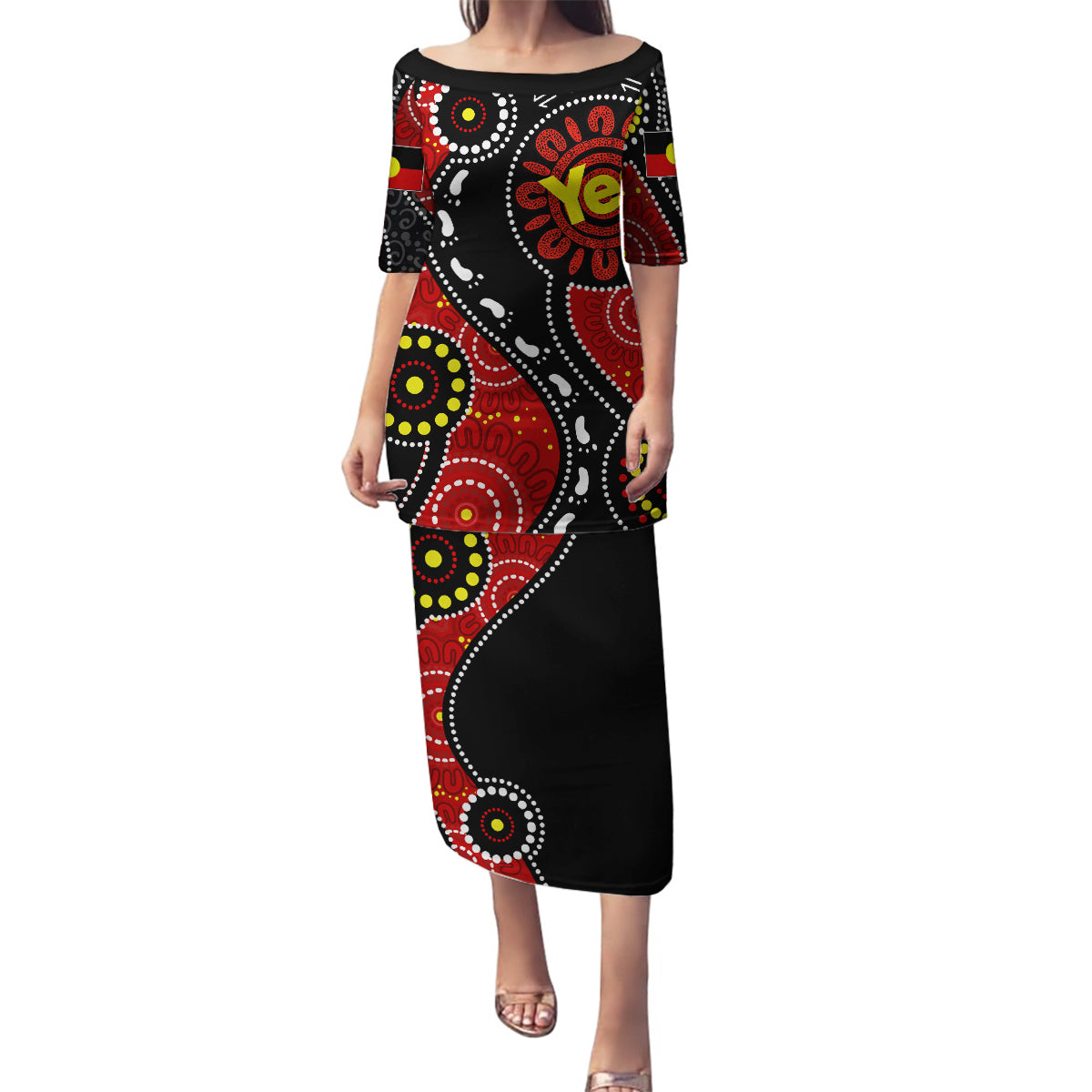australia-indigenous-family-matching-puletasi-dress-and-hawaiian-shirt-vote-yes-aboriginal-flag-color