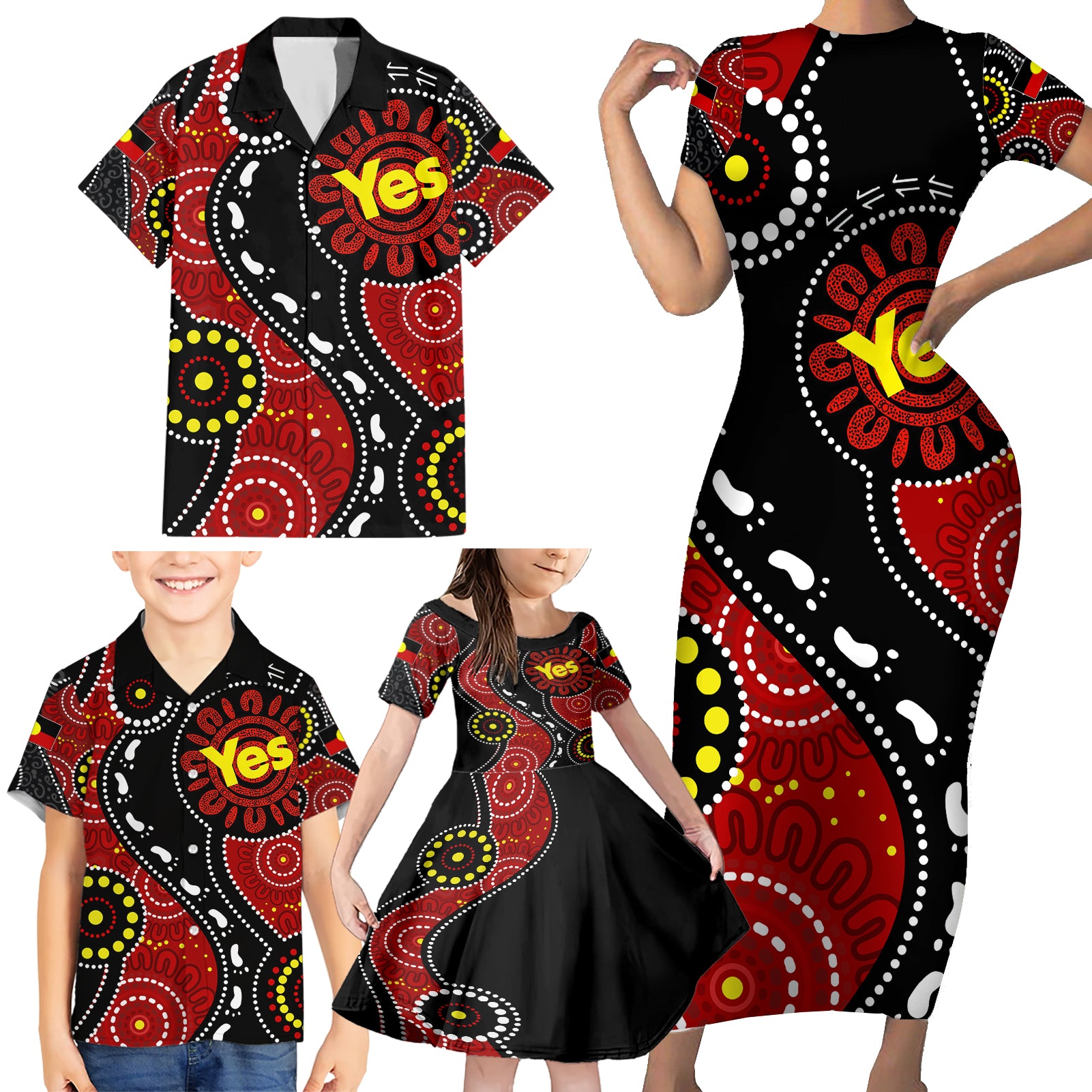 australia-indigenous-family-matching-short-sleeve-bodycon-dress-and-hawaiian-shirt-vote-yes-aboriginal-flag-color