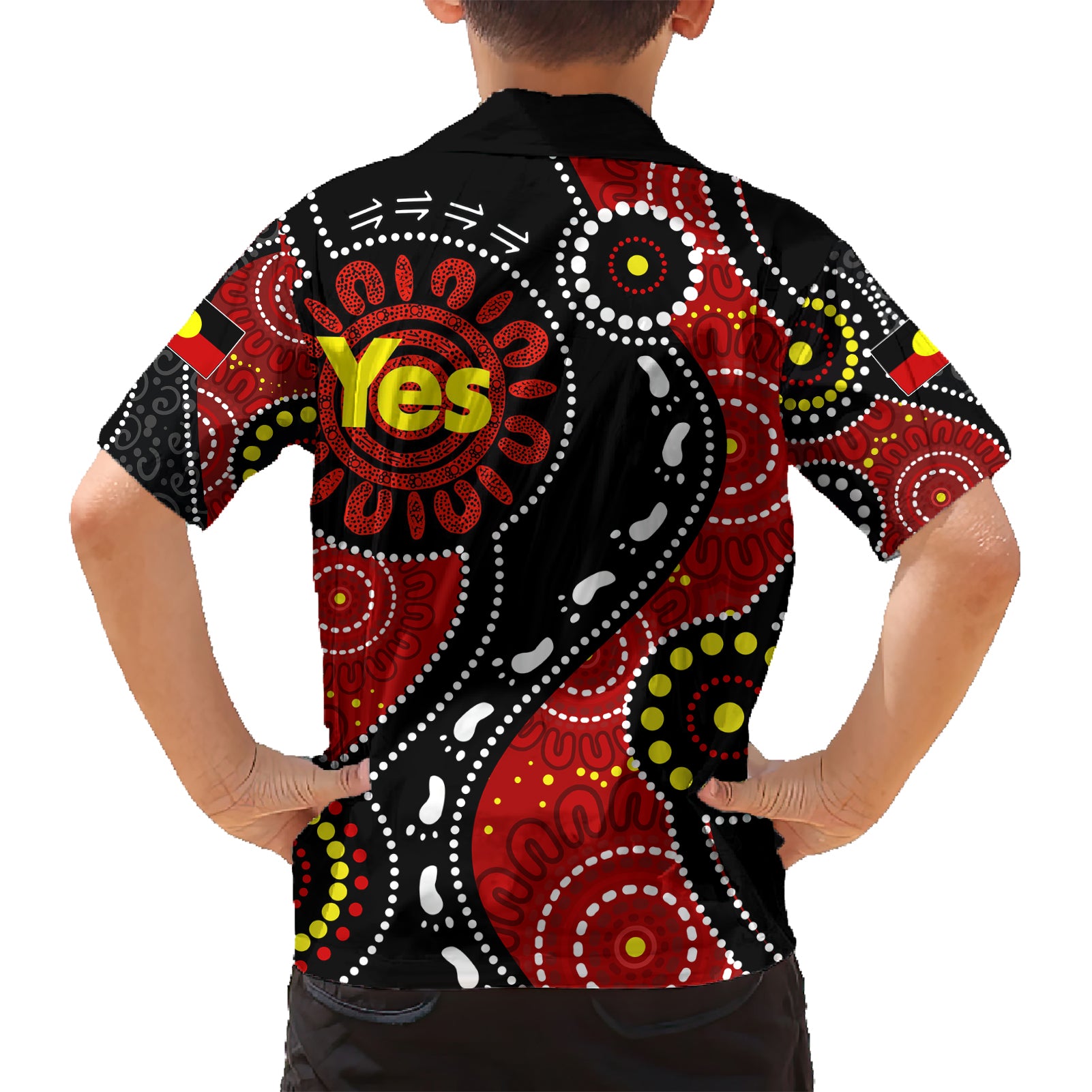 australia-indigenous-family-matching-short-sleeve-bodycon-dress-and-hawaiian-shirt-vote-yes-aboriginal-flag-color