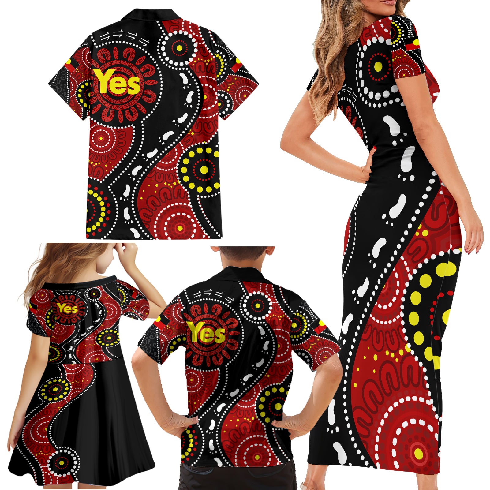 australia-indigenous-family-matching-short-sleeve-bodycon-dress-and-hawaiian-shirt-vote-yes-aboriginal-flag-color