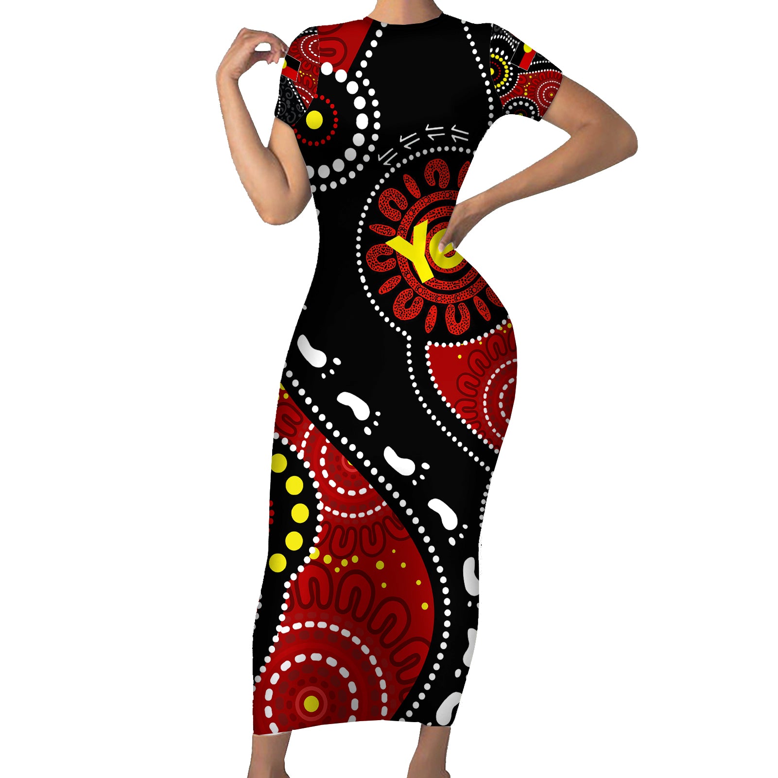 australia-indigenous-family-matching-short-sleeve-bodycon-dress-and-hawaiian-shirt-vote-yes-aboriginal-flag-color