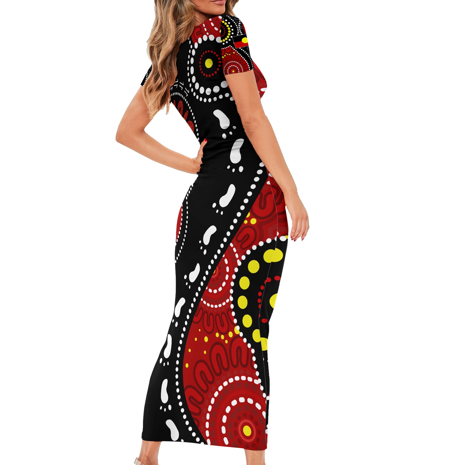 australia-indigenous-family-matching-short-sleeve-bodycon-dress-and-hawaiian-shirt-vote-yes-aboriginal-flag-color