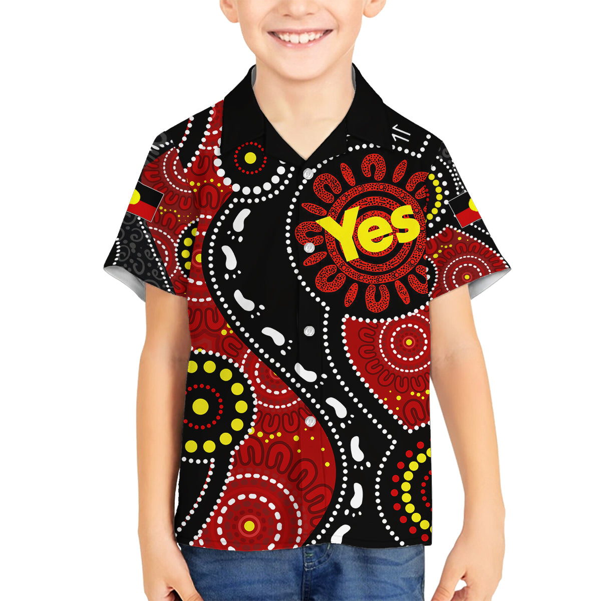 australia-indigenous-kid-hawaiian-shirt-vote-yes-aboriginal-flag-color