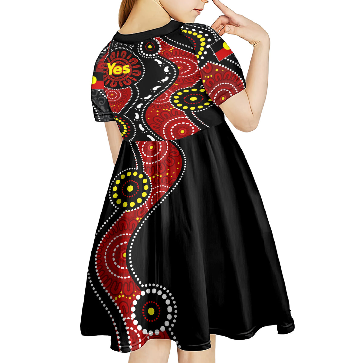 australia-indigenous-kid-short-sleeve-dress-vote-yes-aboriginal-flag-color