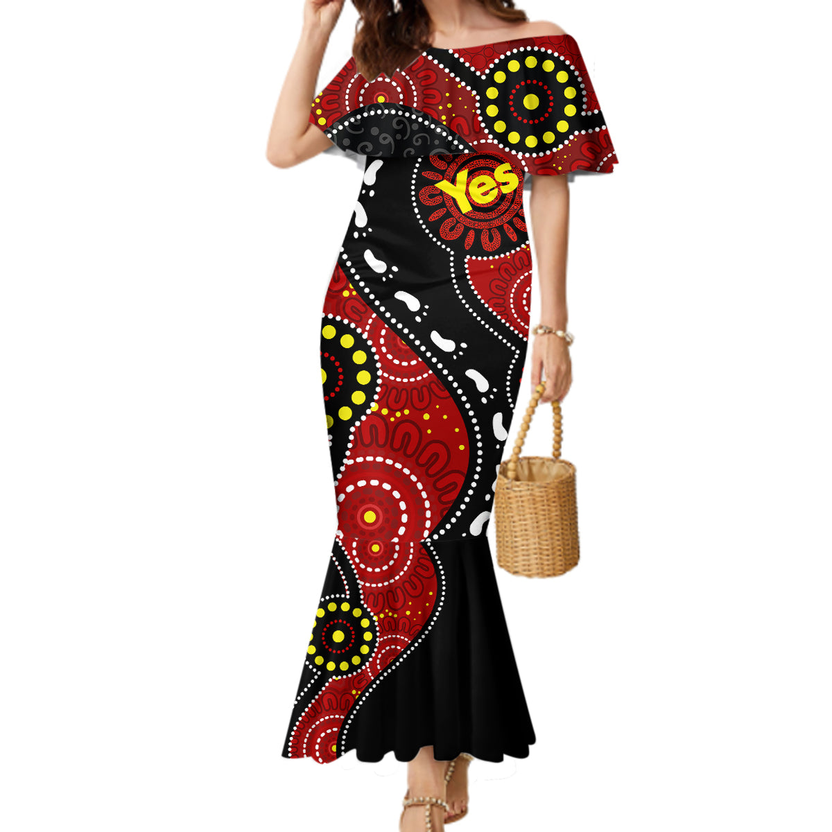 australia-indigenous-mermaid-dress-vote-yes-aboriginal-flag-color