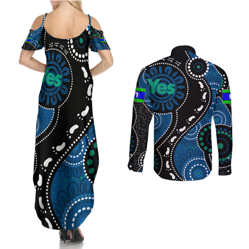 australia-indigenous-couples-matching-summer-maxi-dress-and-long-sleeve-button-shirts-vote-yes-aboriginal-torres-strait