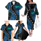 australia-indigenous-family-matching-off-shoulder-long-sleeve-dress-and-hawaiian-shirt-vote-yes-aboriginal-torres-strait