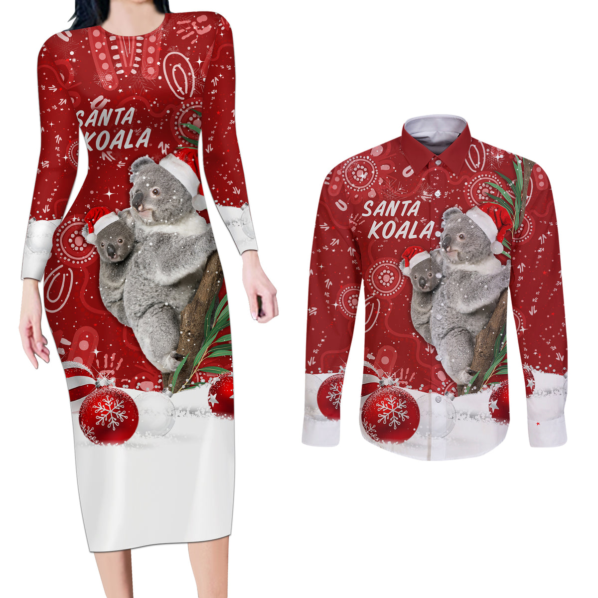 australia-christmas-aboriginal-couples-matching-long-sleeve-bodycon-dress-and-long-sleeve-button-shirt-santa-koala-ver01