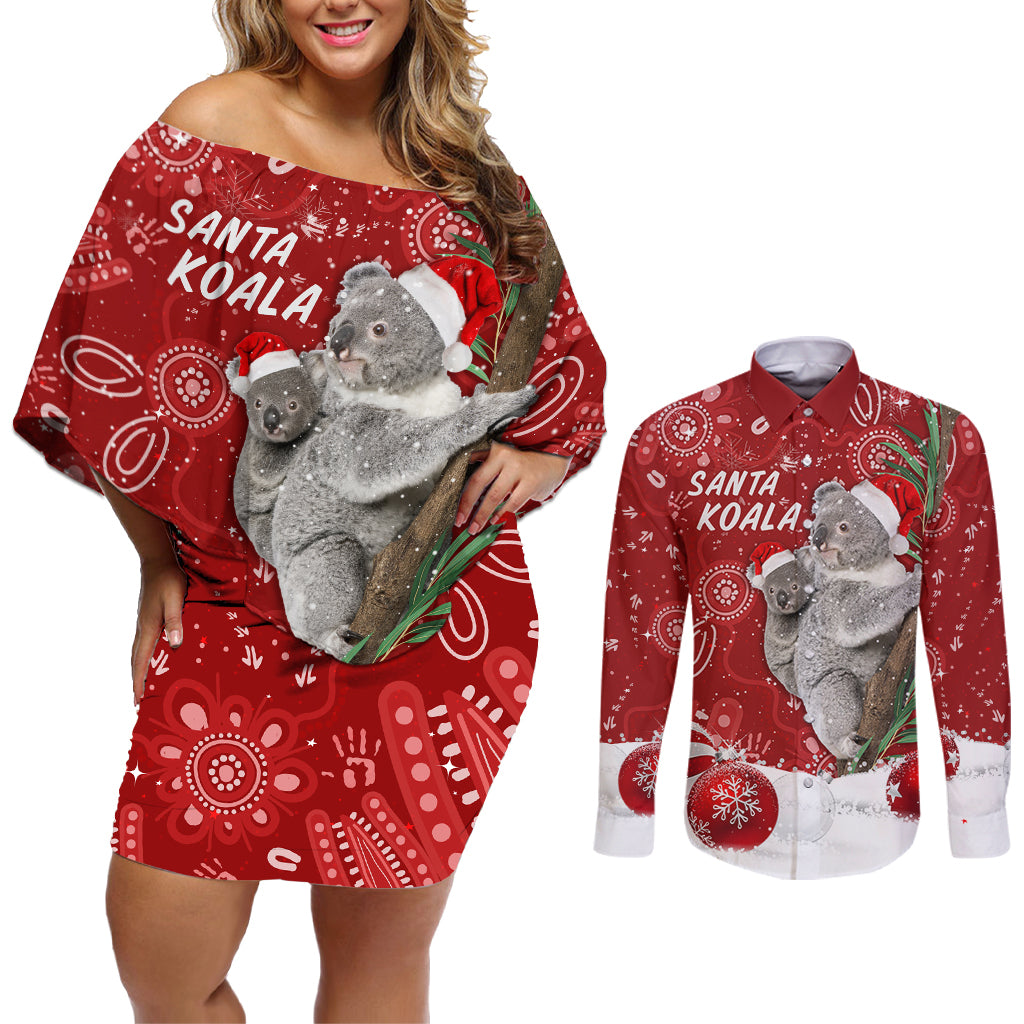 australia-christmas-aboriginal-couples-matching-off-shoulder-short-dress-and-long-sleeve-button-shirt-santa-koala-ver01