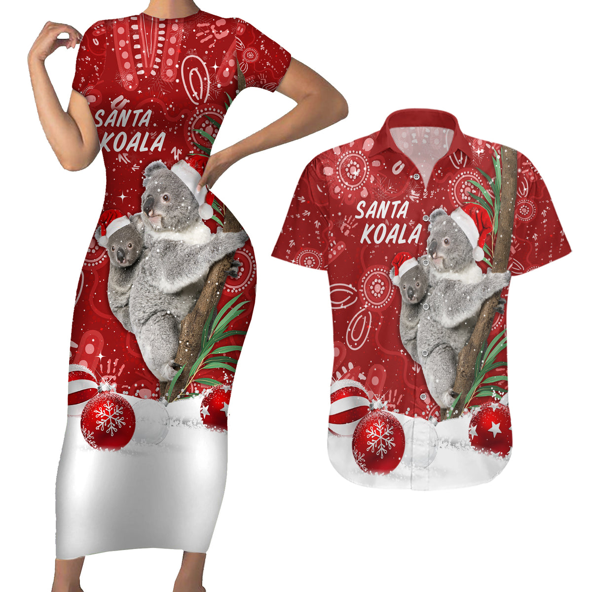 australia-christmas-aboriginal-couples-matching-short-sleeve-bodycon-dress-and-hawaiian-shirt-santa-koala-ver01