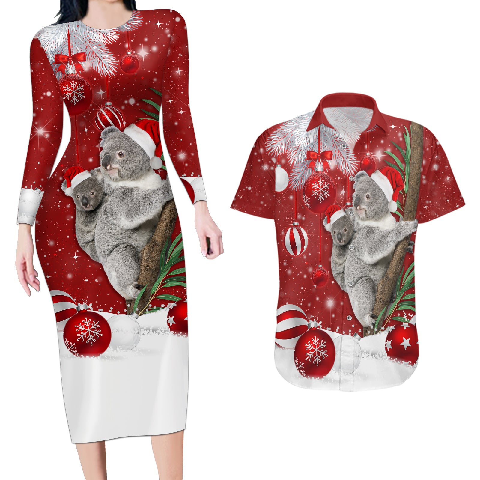 australia-christmas-couples-matching-long-sleeve-bodycon-dress-and-hawaiian-shirt-santa-koala-ver02