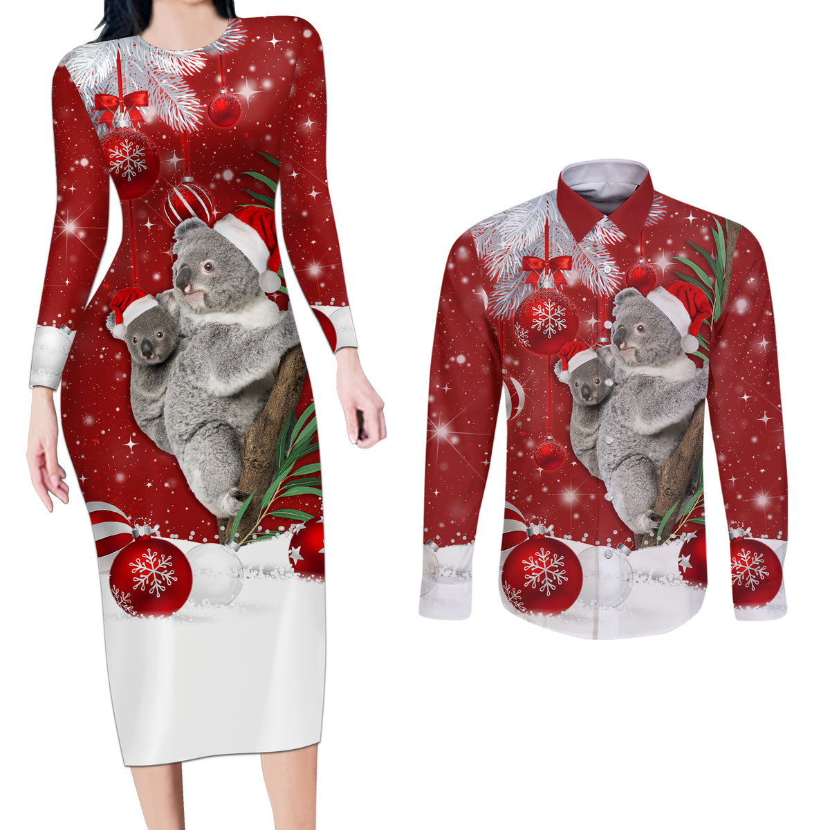 australia-christmas-couples-matching-long-sleeve-bodycon-dress-and-long-sleeve-button-shirt-santa-koala-ver02