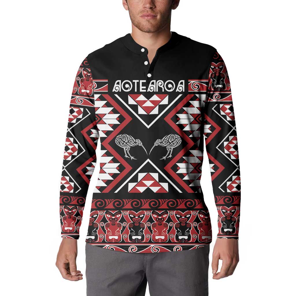 Personalised Taniko Motifs Aotearoa Button Sweatshirt Waitangi Kowhaiwhai Kiwi