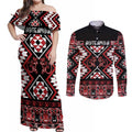 Personalised Aotearoa Waitangi Couples Matching Off Shoulder Maxi Dress and Long Sleeve Button Shirt Taniko Motifs - Mania Gecko