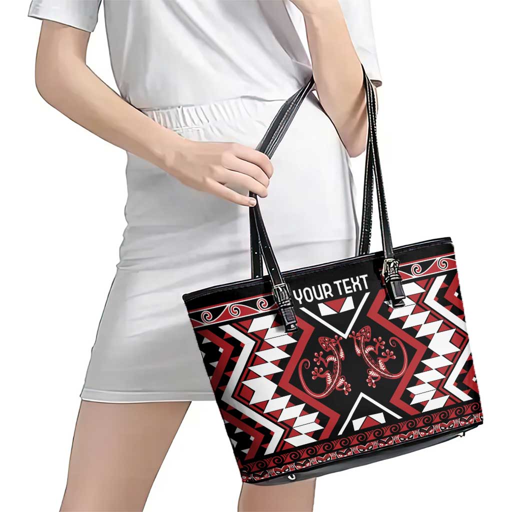 Personalised Aotearoa Waitangi Leather Tote Bag Taniko Motifs - Mania Gecko