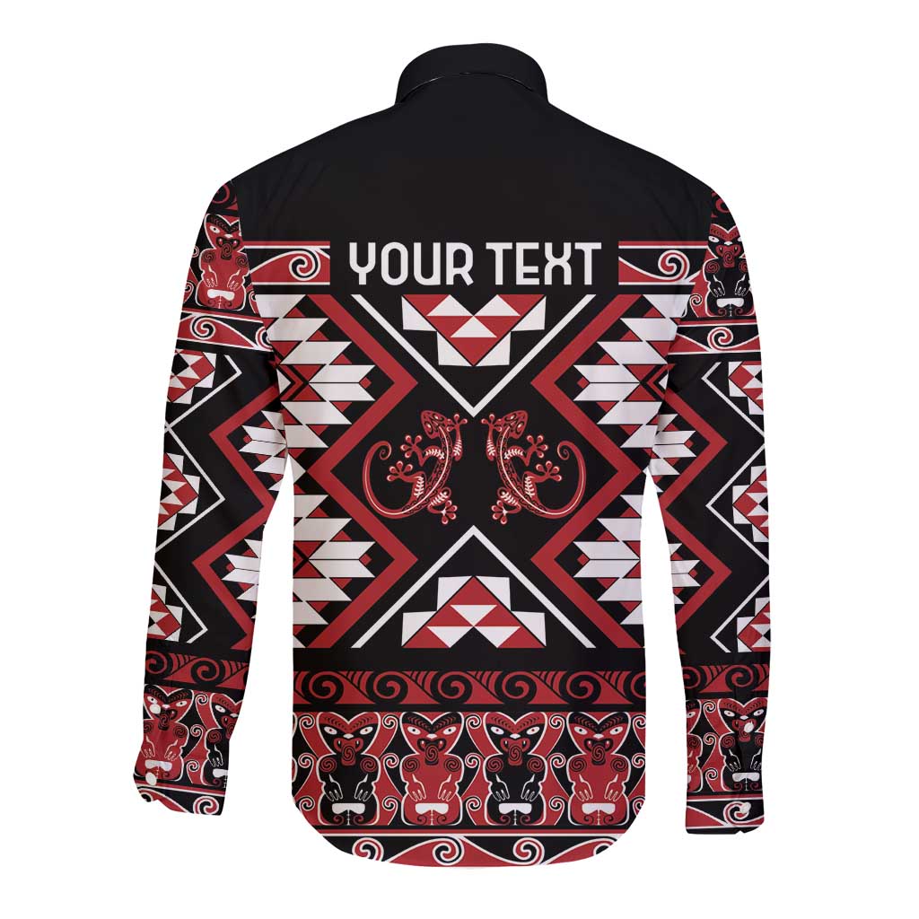 Personalised Aotearoa Waitangi Long Sleeve Button Shirt Taniko Motifs - Mania Gecko