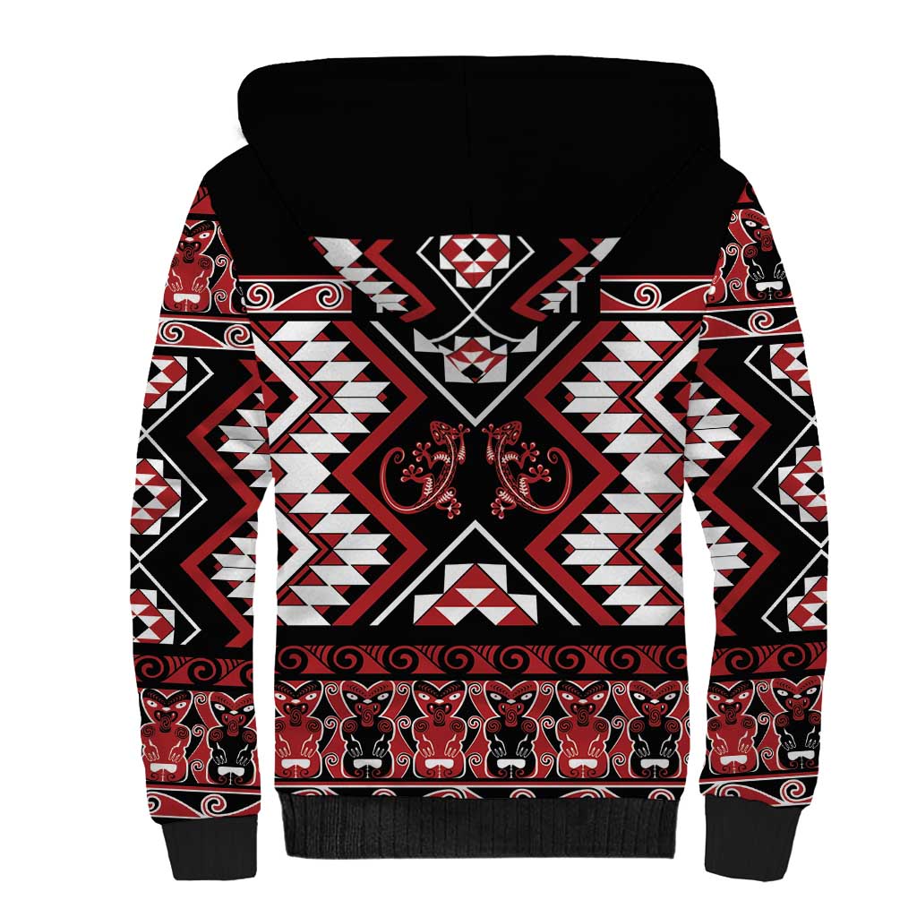 Personalised Aotearoa Waitangi Sherpa Hoodie Taniko Motifs - Mania Gecko
