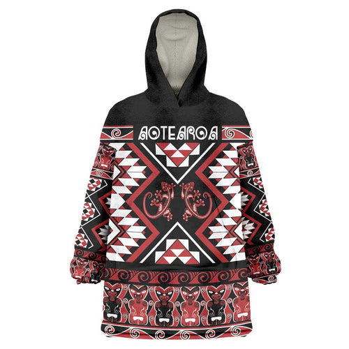 Personalised Aotearoa Waitangi Wearable Blanket Hoodie Taniko Motifs - Mania Gecko