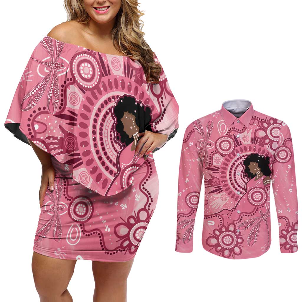 Australia Women's Day Aboriginal Couples Matching Off Shoulder Short Dress and Long Sleeve Button Shirt Mother's Love