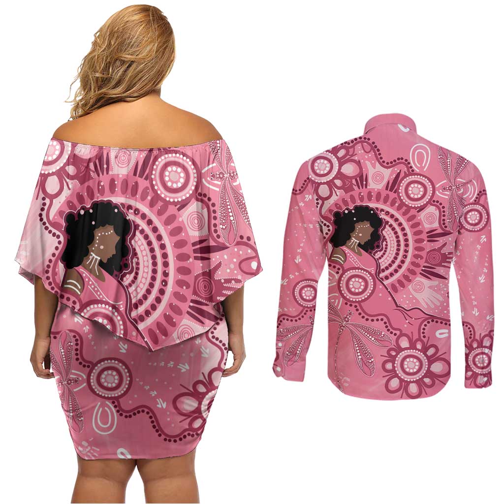 Australia Women's Day Aboriginal Couples Matching Off Shoulder Short Dress and Long Sleeve Button Shirt Mother's Love