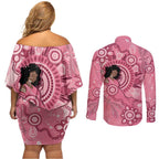Australia Women's Day Aboriginal Couples Matching Off Shoulder Short Dress and Long Sleeve Button Shirt Mother's Love