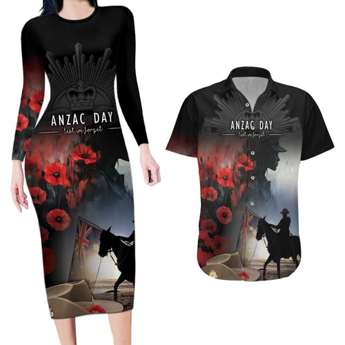 Anzac Day Couples Matching Long Sleeve Bodycon Dress and Hawaiian Shirt Women In War - Lest We Forget