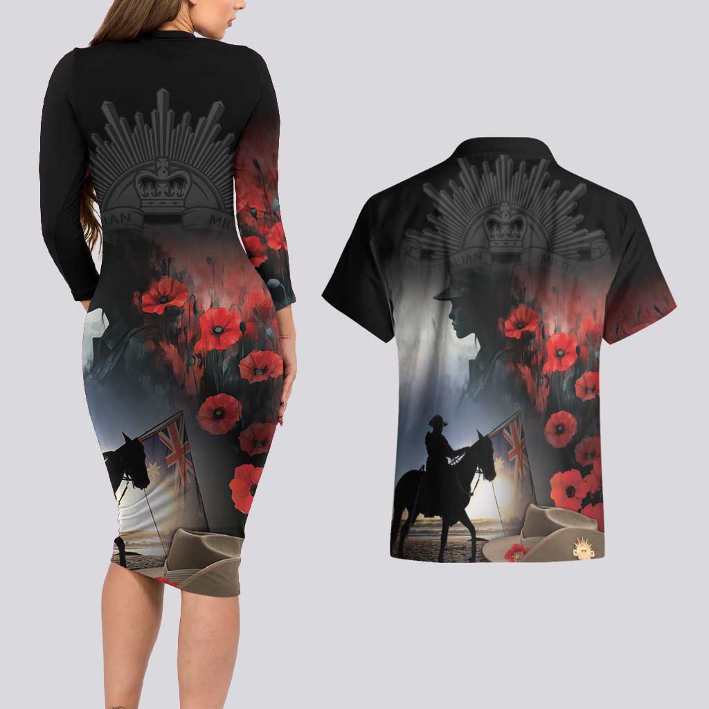 Anzac Day Couples Matching Long Sleeve Bodycon Dress and Hawaiian Shirt Women In War - Lest We Forget