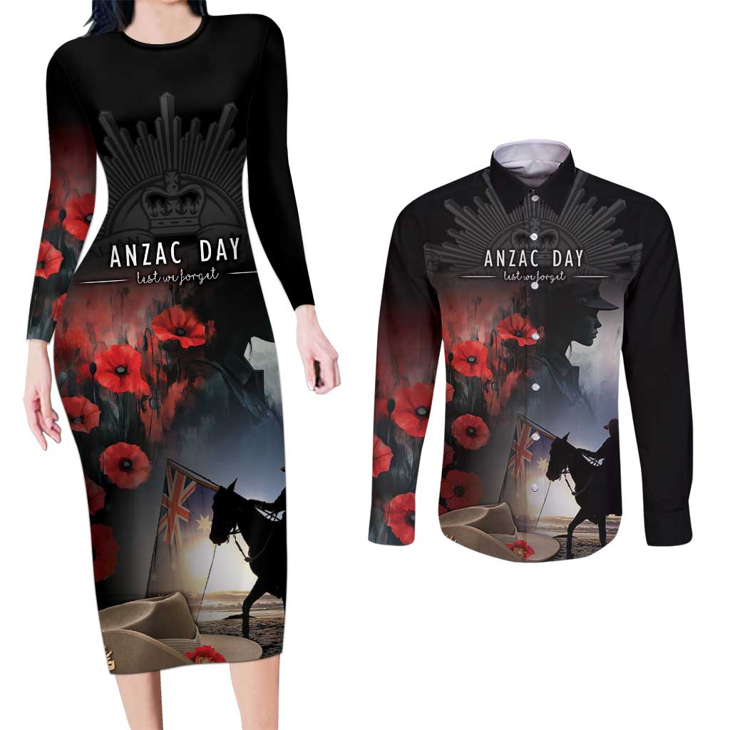 Anzac Day Couples Matching Long Sleeve Bodycon Dress and Long Sleeve Button Shirt Women In War - Lest We Forget