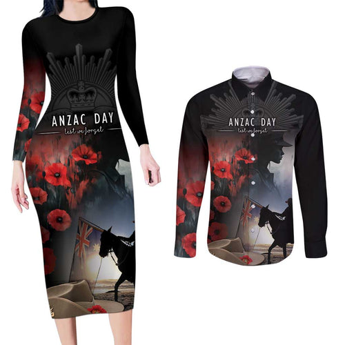 Anzac Day Couples Matching Long Sleeve Bodycon Dress and Long Sleeve Button Shirt Women In War - Lest We Forget