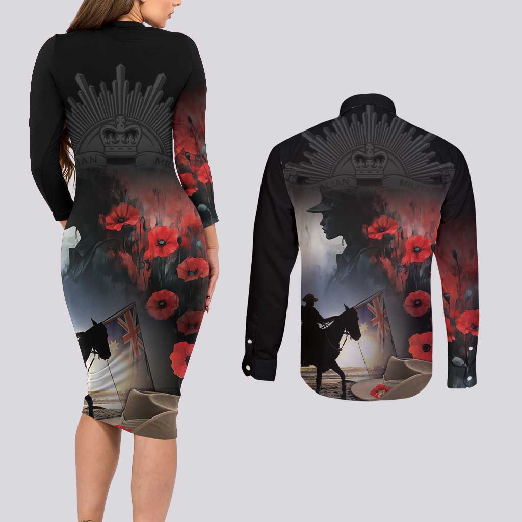 Anzac Day Couples Matching Long Sleeve Bodycon Dress and Long Sleeve Button Shirt Women In War - Lest We Forget