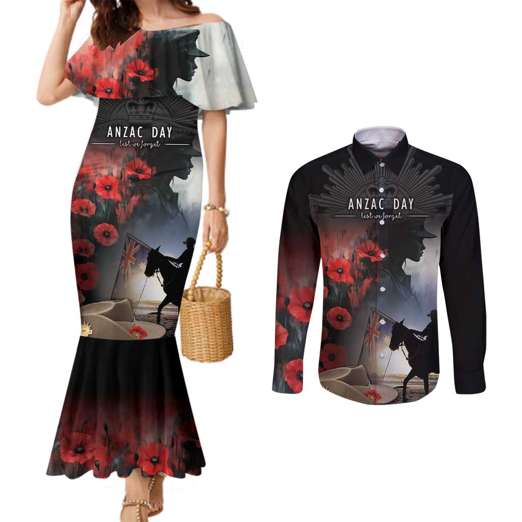 Anzac Day Couples Matching Mermaid Dress and Long Sleeve Button Shirt Women In War - Lest We Forget