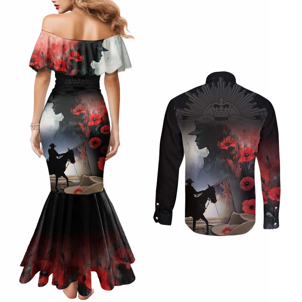 Anzac Day Couples Matching Mermaid Dress and Long Sleeve Button Shirt Women In War - Lest We Forget
