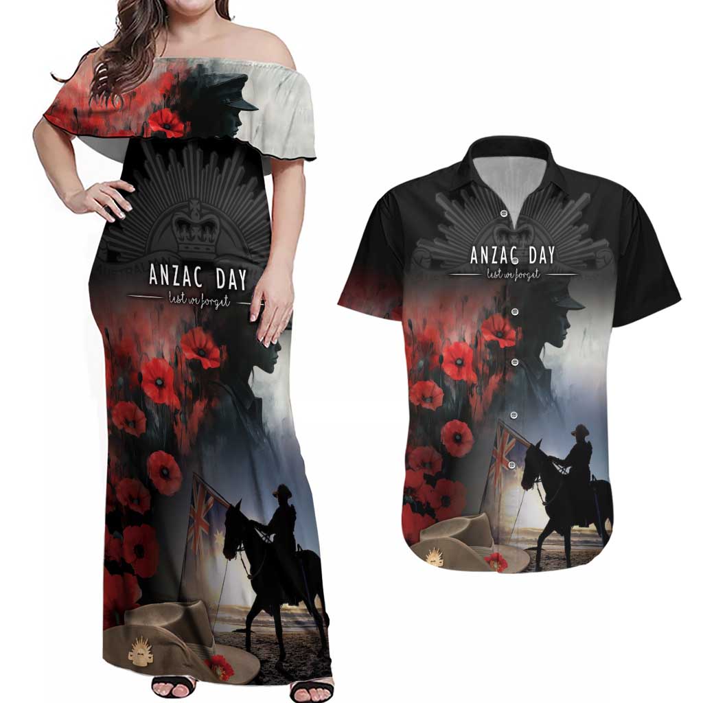 Anzac Day Couples Matching Off Shoulder Maxi Dress and Hawaiian Shirt Women In War - Lest We Forget