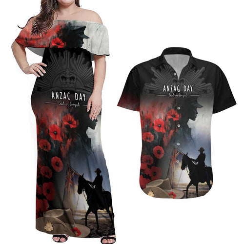 Anzac Day Couples Matching Off Shoulder Maxi Dress and Hawaiian Shirt Women In War - Lest We Forget