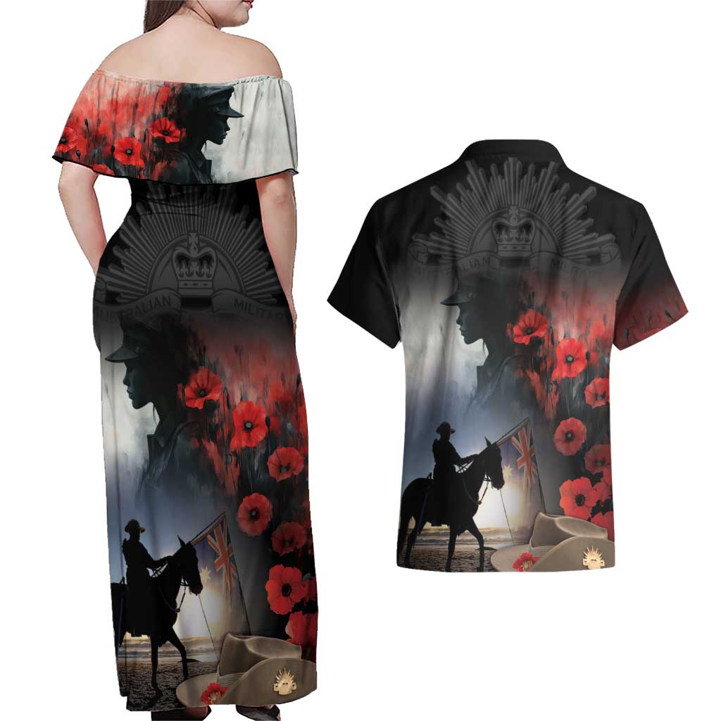 Anzac Day Couples Matching Off Shoulder Maxi Dress and Hawaiian Shirt Women In War - Lest We Forget