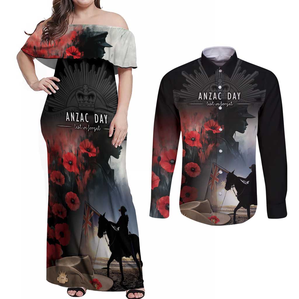 Anzac Day Couples Matching Off Shoulder Maxi Dress and Long Sleeve Button Shirt Women In War - Lest We Forget