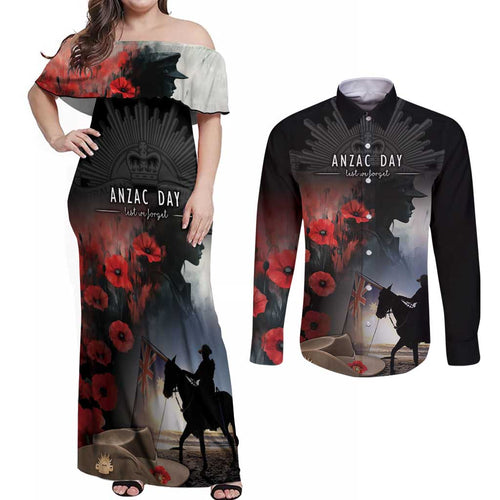 Anzac Day Couples Matching Off Shoulder Maxi Dress and Long Sleeve Button Shirt Women In War - Lest We Forget