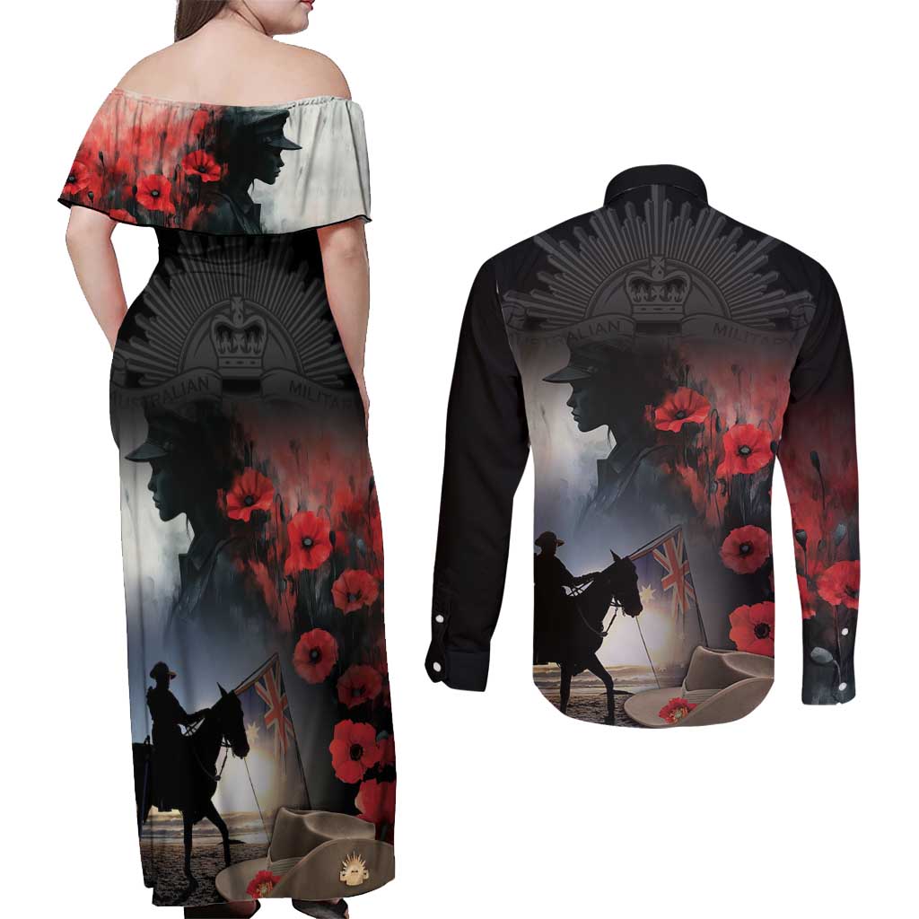 Anzac Day Couples Matching Off Shoulder Maxi Dress and Long Sleeve Button Shirt Women In War - Lest We Forget