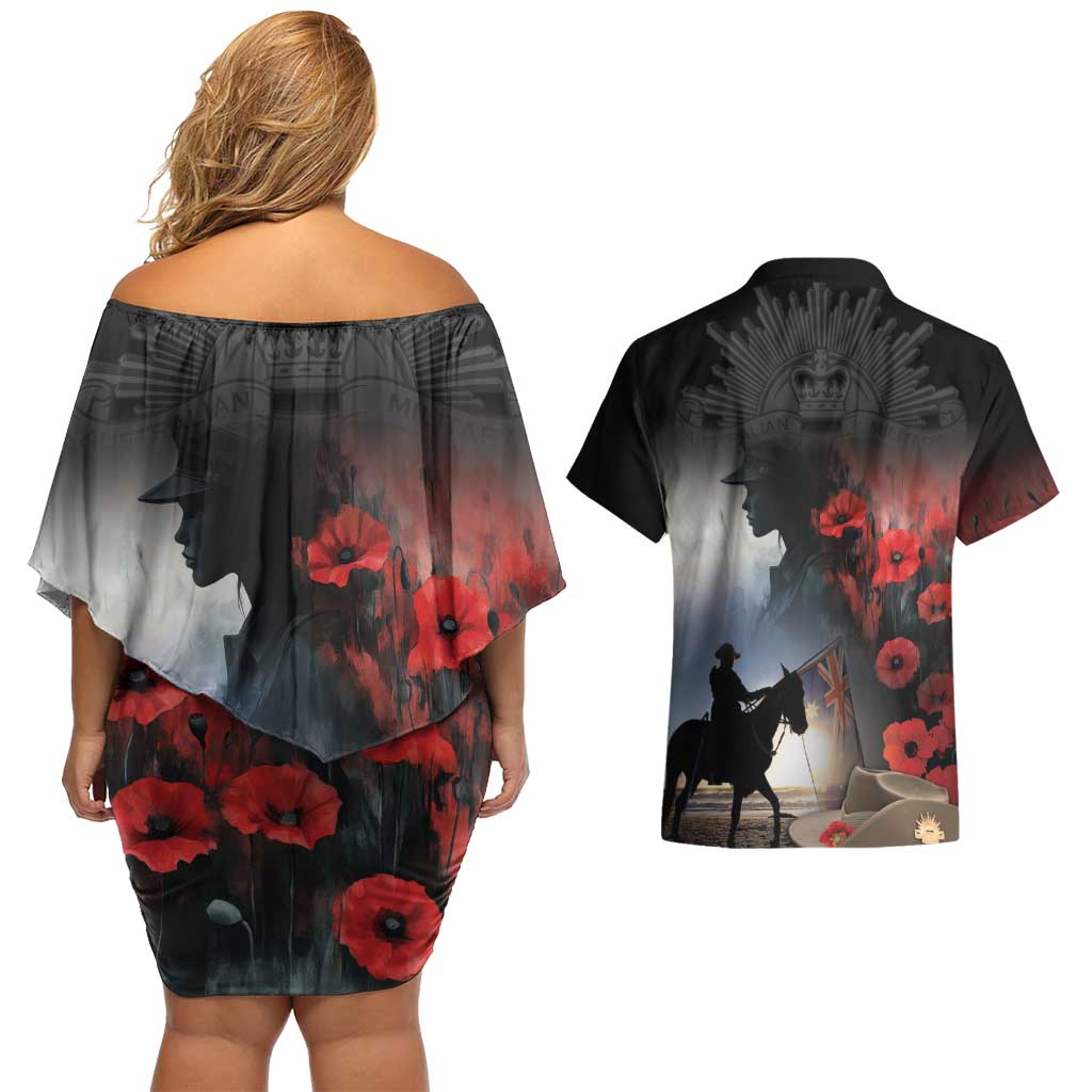 Anzac Day Couples Matching Off Shoulder Short Dress and Hawaiian Shirt Women In War - Lest We Forget